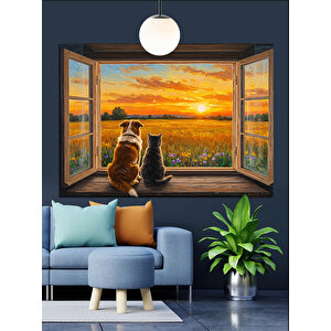 Pencereden Gün Batımı Manzarası Dekoratif Kanvas - Mdf Ahşap Tablo