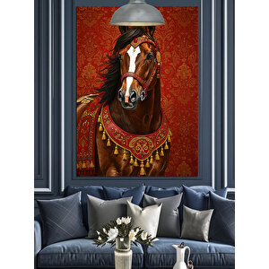Süslü Eyerli Kahverengi At Dekoratif Kanvas - Mdf Ahşap Tablo 25x35 cm