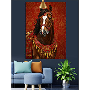 Süslü Eyerli Kahverengi At Dekoratif Kanvas - Mdf Ahşap Tablo