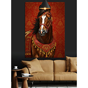 Süslü Eyerli Kahverengi At Dekoratif Kanvas - Mdf Ahşap Tablo 70x100 cm