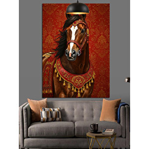 Süslü Eyerli Kahverengi At Dekoratif Kanvas - Mdf Ahşap Tablo