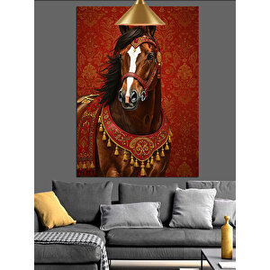 Süslü Eyerli Kahverengi At Dekoratif Kanvas - Mdf Ahşap Tablo 50x70 cm