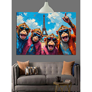 Eyfel Kulesi Önünde Maymunlar Dekoratif Kanvas - Mdf Ahşap Tablo 70x100 cm
