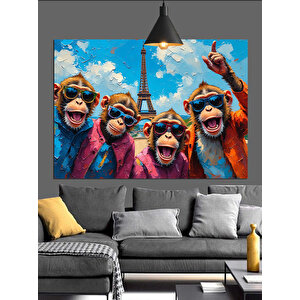 Eyfel Kulesi Önünde Maymunlar Dekoratif Kanvas - Mdf Ahşap Tablo 70x100 cm