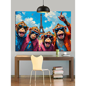 Eyfel Kulesi Önünde Maymunlar Dekoratif Kanvas - Mdf Ahşap Tablo 70x100 cm
