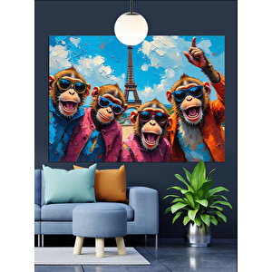 Eyfel Kulesi Önünde Maymunlar Dekoratif Kanvas - Mdf Ahşap Tablo