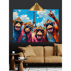 Eyfel Kulesi Önünde Maymunlar Dekoratif Kanvas - Mdf Ahşap Tablo