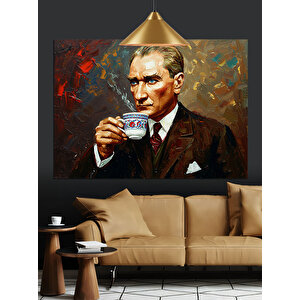 Fincanla Çay İçen Atatürk Dekoratif Kanvas - Mdf Ahşap Tablo 50x70 cm