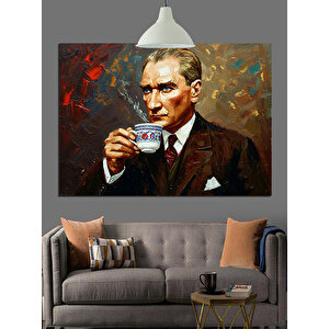 Fincanla Çay İçen Atatürk Dekoratif Kanvas - Mdf Ahşap Tablo