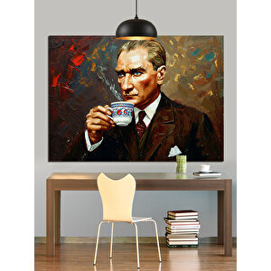 Fincanla Çay İçen Atatürk Dekoratif Kanvas - Mdf Ahşap Tablo 35x50 cm