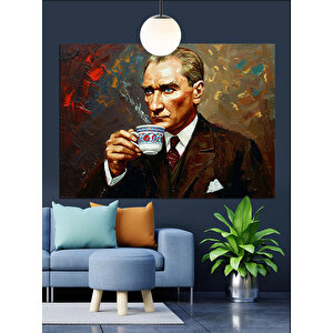Fincanla Çay İçen Atatürk Dekoratif Kanvas - Mdf Ahşap Tablo 35x50 cm
