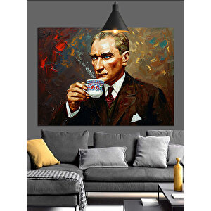 Fincanla Çay İçen Atatürk Dekoratif Kanvas - Mdf Ahşap Tablo