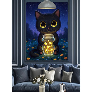 Fenerli Karanlıkta Siyah Kedi Dekoratif Kanvas - Mdf Ahşap Tablo 25x35 cm