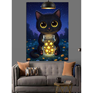 Fenerli Karanlıkta Siyah Kedi Dekoratif Kanvas - Mdf Ahşap Tablo 25x35 cm