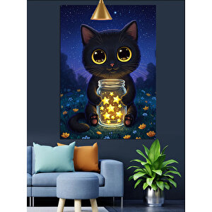 Fenerli Karanlıkta Siyah Kedi Dekoratif Kanvas - Mdf Ahşap Tablo 70x100 cm