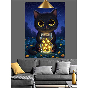 Fenerli Karanlıkta Siyah Kedi Dekoratif Kanvas - Mdf Ahşap Tablo