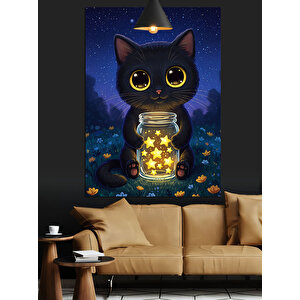 Fenerli Karanlıkta Siyah Kedi Dekoratif Kanvas - Mdf Ahşap Tablo