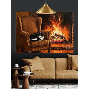 Ateş Karşısında Uyuyan Kedi Dekoratif Kanvas - Mdf Ahşap Tablo