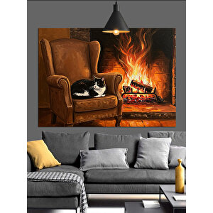 Ateş Karşısında Uyuyan Kedi Dekoratif Kanvas - Mdf Ahşap Tablo