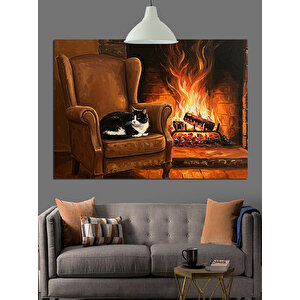 Ateş Karşısında Uyuyan Kedi Dekoratif Kanvas - Mdf Ahşap Tablo 35x50 cm