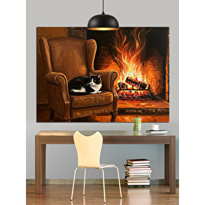 Ateş Karşısında Uyuyan Kedi Dekoratif Kanvas - Mdf Ahşap Tablo 35x50 cm