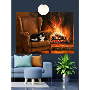 Ateş Karşısında Uyuyan Kedi Dekoratif Kanvas - Mdf Ahşap Tablo 35x50 cm