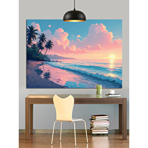 Palmiye Ağaçlı Tropik Sahil Dekoratif Kanvas - Mdf Ahşap Tablo 70x100 cm