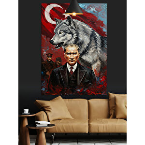 Kurt Ve Bayrak Önünde Mustafa Kemal Atatürk Dekoratif Kanvas - Mdf Ahşap Tablo 70x100 cm