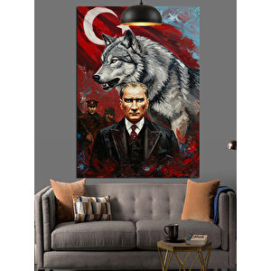 Kurt Ve Bayrak Önünde Mustafa Kemal Atatürk Dekoratif Kanvas - Mdf Ahşap Tablo