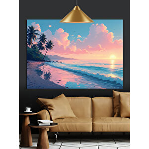 Palmiye Ağaçlı Tropik Sahil Dekoratif Kanvas - Mdf Ahşap Tablo