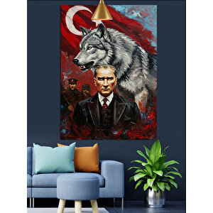Kurt Ve Bayrak Önünde Mustafa Kemal Atatürk Dekoratif Kanvas - Mdf Ahşap Tablo