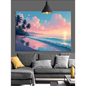 Palmiye Ağaçlı Tropik Sahil Dekoratif Kanvas - Mdf Ahşap Tablo 35x50 cm