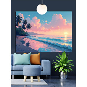 Palmiye Ağaçlı Tropik Sahil Dekoratif Kanvas - Mdf Ahşap Tablo
