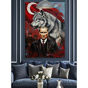 Kurt Ve Bayrak Önünde Mustafa Kemal Atatürk Dekoratif Kanvas - Mdf Ahşap Tablo 70x100 cm