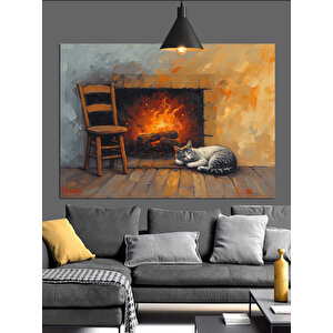 Ateş Başında Uyuyan Kedi Dekoratif Kanvas - Mdf Ahşap Tablo 50x70 cm