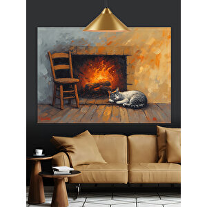 Ateş Başında Uyuyan Kedi Dekoratif Kanvas - Mdf Ahşap Tablo