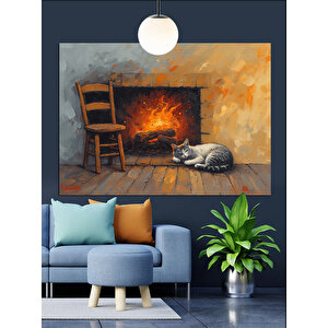 Ateş Başında Uyuyan Kedi Dekoratif Kanvas - Mdf Ahşap Tablo