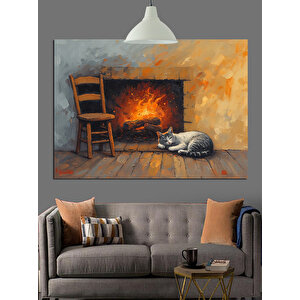 Ateş Başında Uyuyan Kedi Dekoratif Kanvas - Mdf Ahşap Tablo 70x100 cm