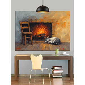Ateş Başında Uyuyan Kedi Dekoratif Kanvas - Mdf Ahşap Tablo 70x100 cm