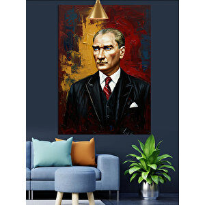 Kırmızı Fonlu Yağlıboya Mustafa Kemal Atatürk Dekoratif Kanvas - Mdf Ahşap Tablo 35x50 cm