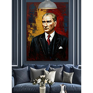 Kırmızı Fonlu Yağlıboya Mustafa Kemal Atatürk Dekoratif Kanvas - Mdf Ahşap Tablo 70x100 cm