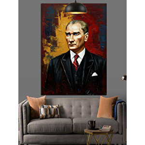 Kırmızı Fonlu Yağlıboya Mustafa Kemal Atatürk Dekoratif Kanvas - Mdf Ahşap Tablo 70x100 cm