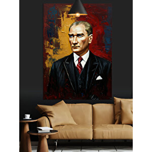 Kırmızı Fonlu Yağlıboya Mustafa Kemal Atatürk Dekoratif Kanvas - Mdf Ahşap Tablo