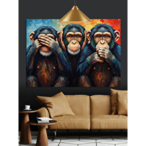 Üç  Maymun Dekoratif Kanvas - Mdf Ahşap Tablo 70x100 cm