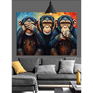 Üç  Maymun Dekoratif Kanvas - Mdf Ahşap Tablo 70x100 cm