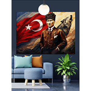 Türk Bayrağı Önünde Atatürk Dekoratif Kanvas - Mdf Ahşap Tablo