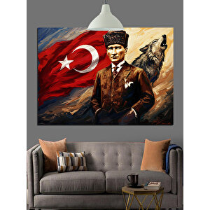 Türk Bayrağı Önünde Atatürk Dekoratif Kanvas - Mdf Ahşap Tablo 70x100 cm