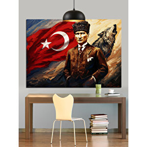 Türk Bayrağı Önünde Atatürk Dekoratif Kanvas - Mdf Ahşap Tablo 70x100 cm