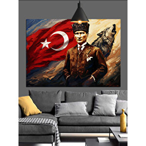Türk Bayrağı Önünde Atatürk Dekoratif Kanvas - Mdf Ahşap Tablo 25x35 cm