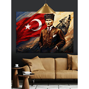 Türk Bayrağı Önünde Atatürk Dekoratif Kanvas - Mdf Ahşap Tablo
